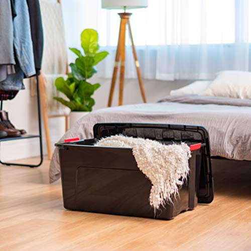 Image of IRIS USA 72 QT Plastic Storage Box with Lid and Latches - 4 Pack - BPA-Free, Garage Organizing Solution, Durable Nestable Stackable Containers, Secure Pull Handle - Black