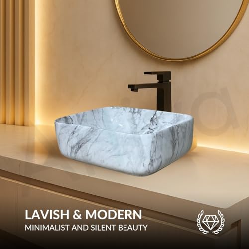 Image of Artiva Ceramic Wash Basin /Tabletop Washbasin For Bathroom,12 inchx16 inch /Small Countetop Bathroom Basin /Table Top Basin For Home,Office,Hotel /Rectangle Glossy Sink (Statuario-White,12x16 Inch)