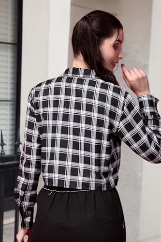 Image of POPWINGS Casual Pure Cotton Checks Crop Shirt for Women | Stylish Western Crop Shirt for Women | Full Sleeves Crop Shirt for Women