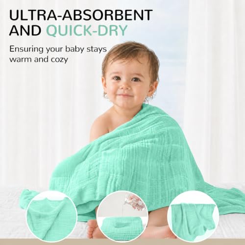 Image of 3-Pack Muslin Hooded Baby Towels, Light Green + Pink + Yellow, 35 inch X 35 inch | 100% Cotton, Ultra-Soft & Highly Absorbent ,Quick-Dry for Delicate Skin, For Babies, Toddler and Newborn