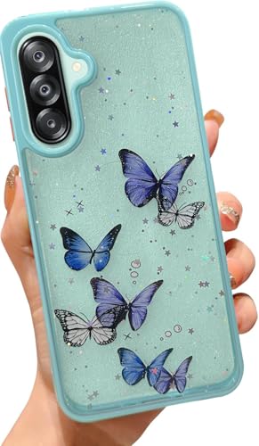 Image of VONZEE for Samsung Galaxy A26 5G Clear Glitter Butterfly Case, Cute Bling Sparkle Shiny Soft Silicone TPU Bumper Shockproof Women Girls Slim Protective Phone Cover for Galaxy A26 5G, Mint Green
