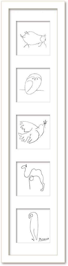 Amazon Co Jp 名画 ラインアート パブロ ピカソ 署名入り 一筆書き動物 アニマル5連フレーム ブタ フクロウ 平和のハト ラクダ ペンギン ホワイトフレーム Mサイズ 額入り おしゃれ シンプル インテリア 壁掛け アート 入門 絵画 ホーム キッチン