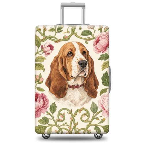 Cute Dog Suitcase Cover Luggage Protector Basset Hound Travel Suitcase Green Leaf and Floral Design Elastic Washable Fit 22-24 Inch Luggage Style 1