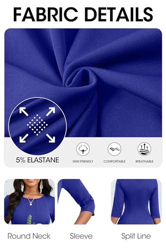 Image of CLOCOR Casual Midi Dresses for Women A-Line Fit and Flare Elegant Church 3 /4 Sleeve Crew Neck Dress with Pocket