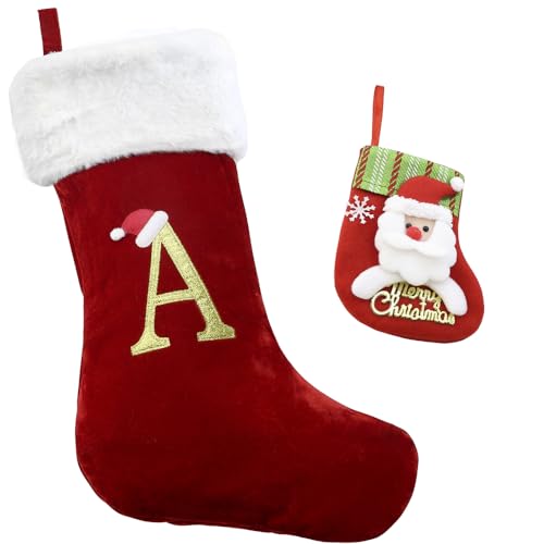 TCOTBE 20 Inches Monogram Christmas Stockings with Letters, Personalized Monogram Christmas Stocking, Christmas Stockings Red Velvet with White Super Soft Plush, Christmas Holiday Xmas Gift (Letter A)