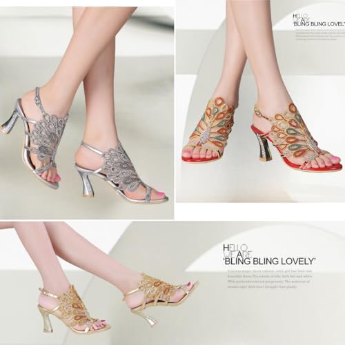 Women's Rhinestone Peacock Patterned Handmade Sandals with Chunky Heel3