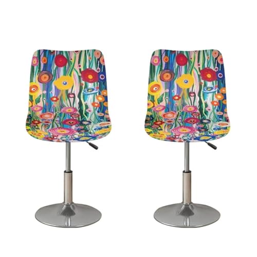 Image of Colorful Flower Bar Stool Chair Cover of 2 Slip Resistant Seat Covers Chair Cover Protecter with Low Short Back for Dining Room Universal Size