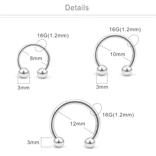 Dyknasz 16G 14G Variety of Sizes Horseshoe Rings Surgical Steel Nose Septum Horseshoe Hoop Earring Eyebrow Tragus Lip Rings Daith Helix Piercing Jewelry for Women Men2