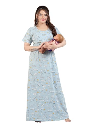 Image of Fabme Women's Full Length Printed Pre and Post Pregnancy Pure Cotton Nursing Nightdress Nighty
