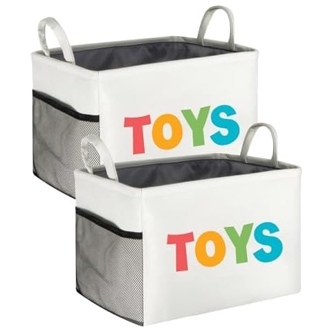 HIYAGON 2 Pack Rectangular Storage Basket,Canvas Toys Storage Bin Organizer,Large Storage Box with Sides Mesh pockets for Home,Shelves,Closet,Bedroom(2 Colorful TOYS) Cover