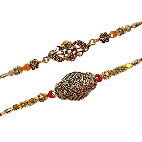 Craftsman Designer Rakhi for Brother bhaiya bhabhi Family Set of 2 Latest Arrival Design Beautiful Shri Krishna and Veera Design Indian Rakhi for bhai Bracelets Thread with Roli Chawal and Ram Sita Sticker (Design 3)