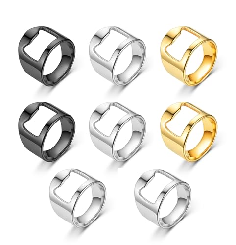 FKKsparkler Beer Bottle Opener Rings, 8pcs Stainless Steel Ring Bottle Opener for Men with 3 Mixing Size, Bartender's Tools/Party Present