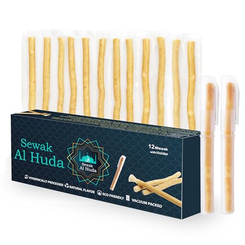 Sewak Al Huda Pack of 12 Miswak Sticks with 2 Holders - Vacuum Sealed Natural Chewing Sticks for Teeth - Natural Flavored Toothbrush for Teeth Whitening, Oral Health, and Fresh Breath || Pack of 12