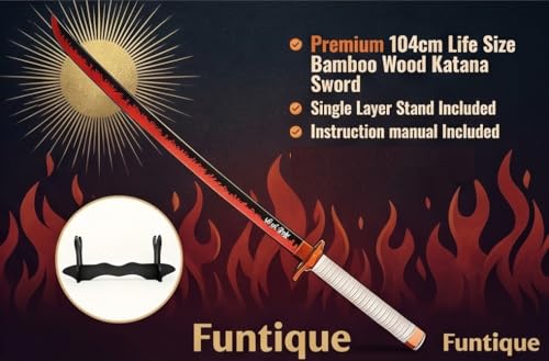 Image of Demon Slayer Kyojuro Rengoku Wooden Katana Sword, 104cm Premium Bamboo Anime Flame Hashira Cosplay Replica with Display Stand
