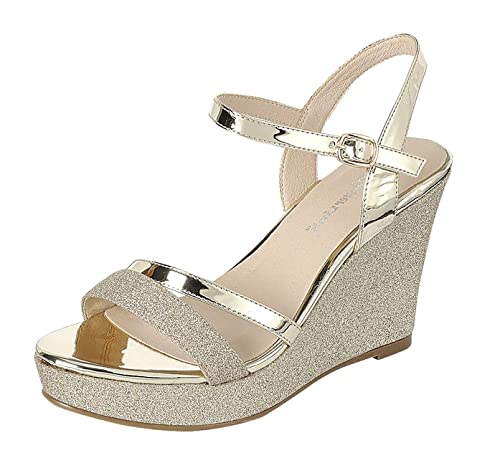 Forever FQ22 Women's Glitter Strappy Wrapped Wedge Heel Platform Sandals, Gold-1, Size 7.52
