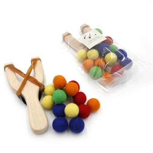 Generic The Felt Pod, Wooden Slingshot with 15 Felt Balls, Wool Felt Game, Party Game, Kids Game, Set of 1, 15 Balls