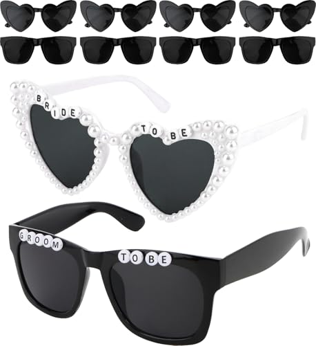 CIEHER Bride & Groom To Be Sunglasses Set - Heart Pearl Bride Sunglasses & Square Groom Glasses with 8 Pack Black Wedding Party Favors