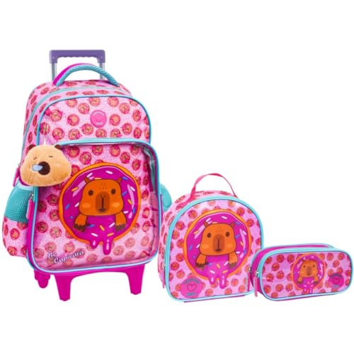 Kit Mochila De Carrinho Transparente Com Chaveiro Capivara De Pelúcia Grande Escolar 2026 (Rosa)