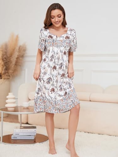 Image of CRIPOM Womens Nightgown Short Sleeve House Dress with Pockets-Floral Print Mumu Dress S-3XL