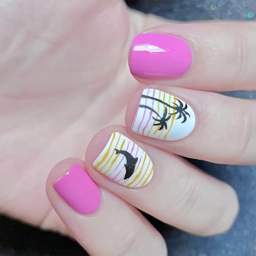 Rdxanc 24個 ココナッツツリー つけ爪 イルカ 人工爪 光沢 フルカバー スティック 爪 ショート スクエア プレス オン ネイル