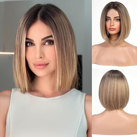 HAIRCUBE Blonde Bob Wig Lace Front Short Bob Wig Heat-Resistant Fiber Perfectly Matches Ombre Mixed Blonde 12 Inches Cover