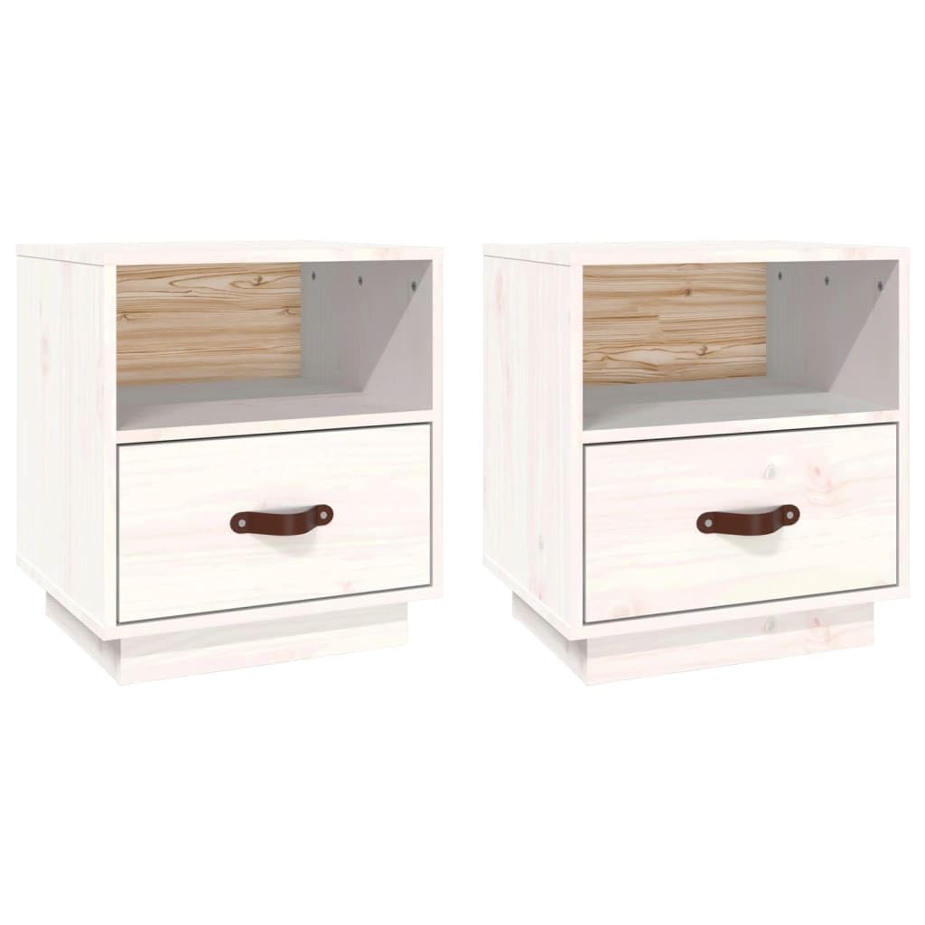 Table de chevet blanche en bois de pin massif 40 cm petit espace rangement nuit | Lot de 2