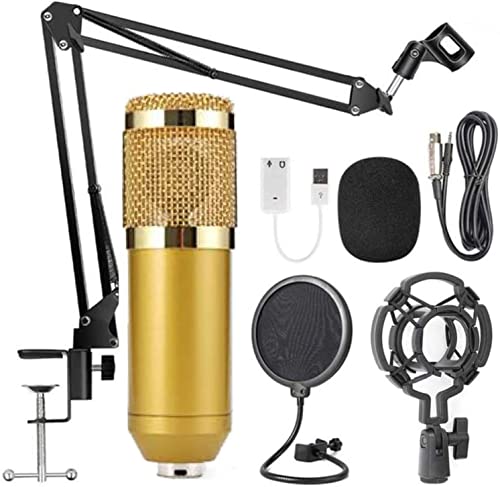 Condensor Microphone, USB Streaming Podcast Kit Boom Arm for Computer, Gaming, Live Streaming, with Adjustable Microphone Scissor Stand Metal Shock Mount Pop Filter (Gold)