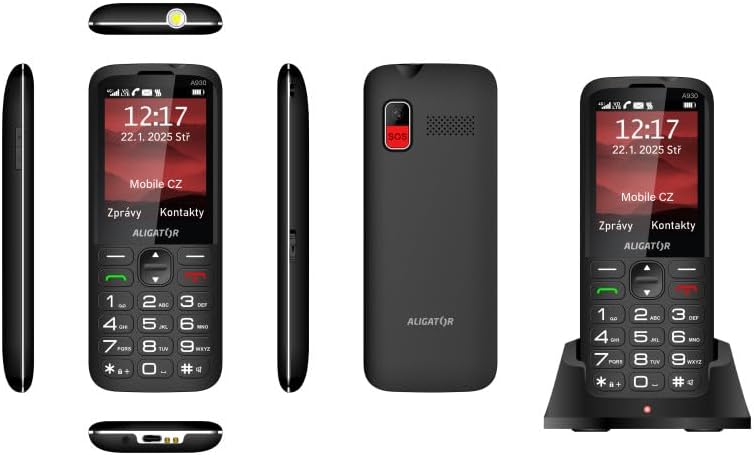 બહુવિધ views of the ALIGATOR AZA930B mobile phone, including top, side, front, back, and in its charging dock, showcasing its design from various angles.