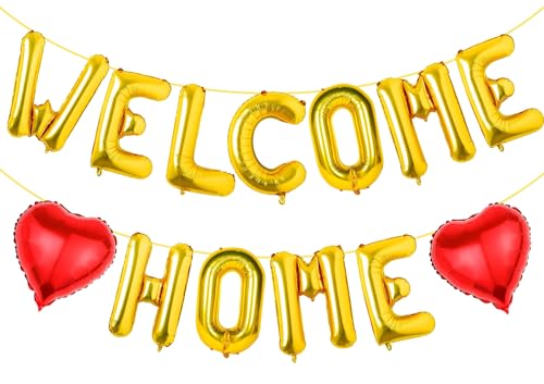 FeteDecor Weclcome Home Bannières Ballons – Décorations de bienvenue pour bébé – Bannière de ballons en feuille d'or en forme de cœur, décorations de bienvenue à la maison