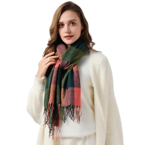 Clothirily Womens Winter Scarf - Fashion Plaid Scarf for Women Lightweight, Cashmere Feel Warm Soft Women Scarves, Long Blanket Scarf Shawl gifts for women, Red Green Lattice - Thumbnail 3
