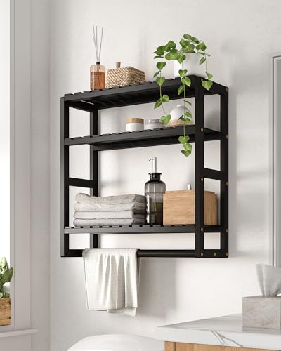 Bamworld Badezimmer Regal Bambus Regal 3-etagiges verstellbares Badregal über der Toilette mit Handtuchstange platzsparendes WC-Regal Badezimmermöbel Bathroom Shelf Schwarz