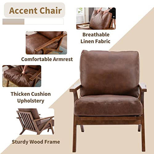 Hny Mid Century Arm Chair, Retro Accent Armchair With Wood Frames & Faux Leather Upholstered Removable Cushions, Leisure Slipper Chair, For Living Room Bedroom, Brown #TOP2