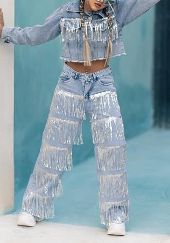 LETSVDO Women's High Waisted Sequin Fringe Jeans Baggy Wide Leg Glitter Sparkly Tassels Denim Pants Trousers4