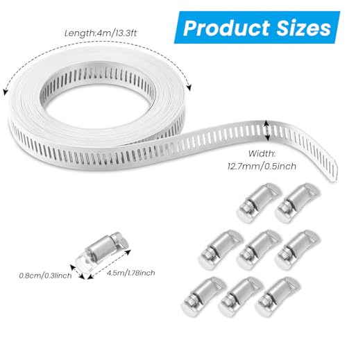 Image of Serplex 13.3ft Cuttable Hose Clamp Roll with 8 Bolt Attachments, 304 Stainless Stee Adjustable House Clamp Assortment Kit Worm Gear Band Hose Screw Clamps Duct Pipe Metal Clamps Strapping