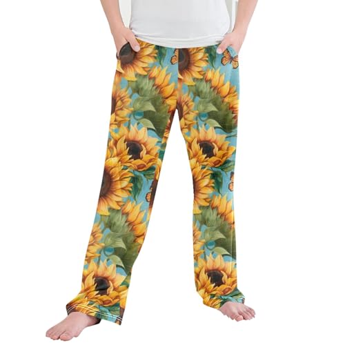 Sunflower Butterfly Long Pajama Pants Elastic Waist PJ Bottoms with Pockets S A110456