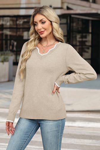 OFEEFAN Womens V Neck Sweaters Pullover Cozy Lightweight Sweaters Long Sleeve Tops Fall Outfits 20254