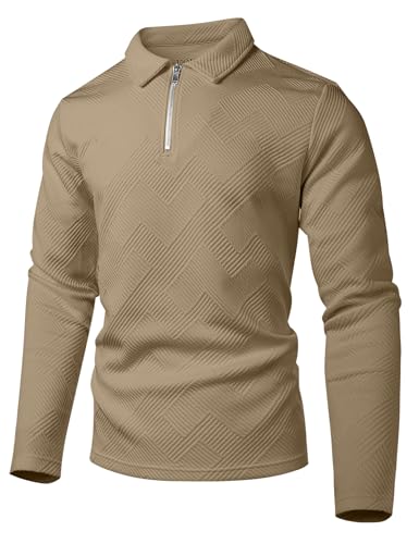 Camiseta Polo Hombre UOUA con Cuello Cuarto de Cierre, Manga Larga, Tela Texturizada para Verano Casual y Negocios miniatura 6