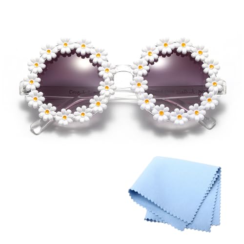 Lunettes de Soleil Marguerites Colorées Classiques Lunettes de Soleil en Forme de Fleur pour Femmes UV400 pour Fête Disco Festival (Blanc)