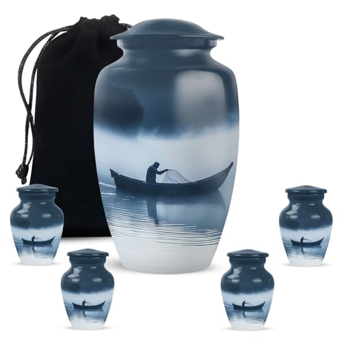 KARYLIZ Fisherman Urns - Cremation Decorative Urns - Blue Urn Box for Ashes Adult Male - Foggy Small Keepsake for Human Adult Female - Funeral Urn for Women & Men (10 Inch & 3Inch, Combo of 5)