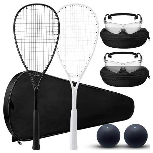 Seenelling Beginner Squash Racquet Set Includes 2 Squash Racquets with Racket Bags, 2 Anti Fog Goggles with Cases, and 2 Blue Dot Ball for Beginners, Training, and Recreational Play