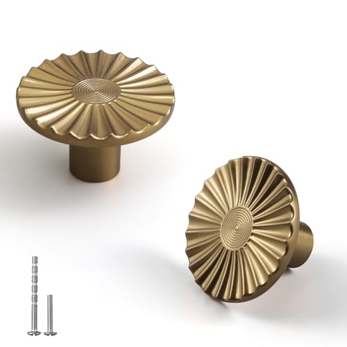 YAGU 6 Pack Champagne Bronze Sunflower Kitchen Cabinet Knobs 1-1/2 Inch Round Solid Dresser Drawer Knob Honey Bronze Furniture Hardware Dark Gold Floral Pulls for Closet Cupboard Wardrobe