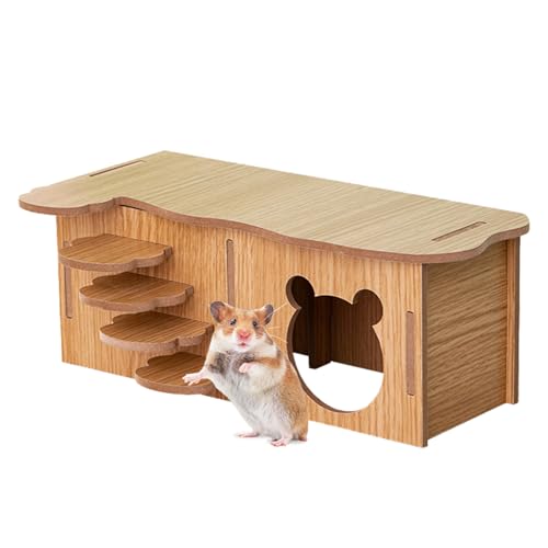 Wooden Hamster Hideout, Small Animal Hamster House with Removable Roof, Funny Climbing Ladder, Habitat for Dwarf Hamsters Gerbils Mice, Bear Head Design