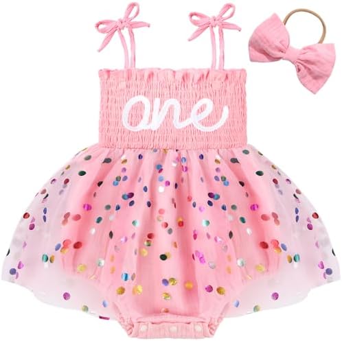 HONGTEYA Baby Girl 1st Birthday Outfit Girl First Birthday Clothes One Year Old Gifts Romper Tulle Summer Newborn Dress Pink-dot