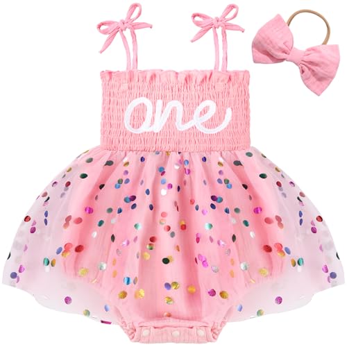 HONGTEYA Baby Girl 1st Birthday Outfit Girl First Birthday Clothes One Year Old Gifts Romper Tulle Summer Newborn Dress Pink-dot