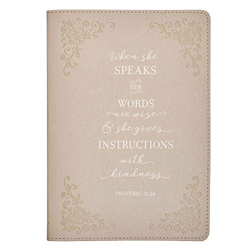 When She Speaks Proverbs 31 Woman Bible Verse Ivory Faux Leather Journal Inspirational Notebook w/Ribbon Marker and Lined Pages, 6 x 8.5 Inches