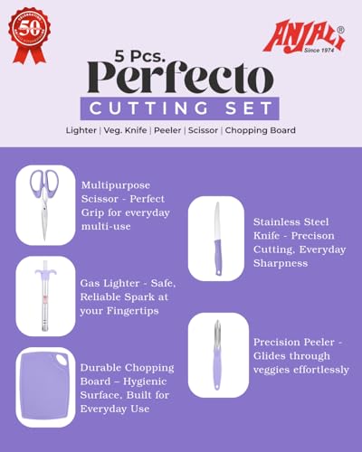 Image of Anjali Kitchen Combo Set - 5 Pcs Essential Tools for Everyday Use Includes Chopping Board, Knife, Lighter, Scissor & Peeler,Multipurpose, Durable & Easy to Clean