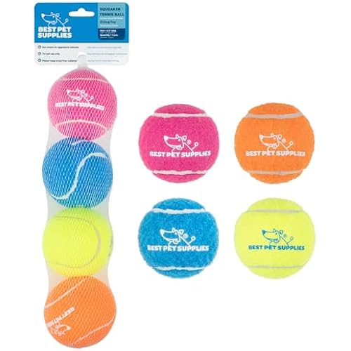 Best Pet Supplies Interactive Squeaky Dog Chew Toy, Ideal Dog Toys for Chewers, Small, Medium & Large Dogs, and Fetch Lovers - Tennis (Assorted Color), Medium (Pack of 4)