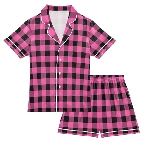 Pink and Black Checked Summer Satin Pajama Set, Cute Button-Down Sleepwear Pj Set for Sleep Wears