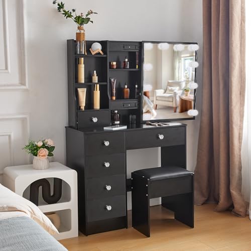 Buildonely Tocador con iluminación y taburete