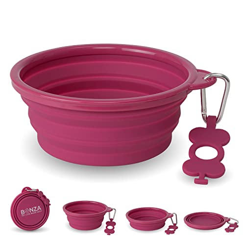 Bonza Extra Large Collapsible Dog Bowl 1500 mL, Sturdy Reinforced Rim, Portable Essential Dog Accessories & Travel Dog Bowls, w/ Carabiner, Keychain, Dog Travel Accessories, Dog Camping Gear, Pink